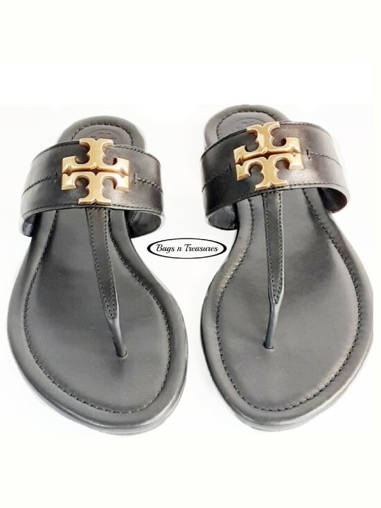 Tory Burch Shoes - Tory Burch Sandals Size 7.5 Black Leather T-Strap Logo Medallion NIB